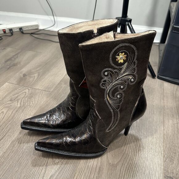 New Jugo Ladies Boots Botas Mexico Leather Snakeskin Suede Pointed Toe Heel 8.5 - Picture 2 of 7